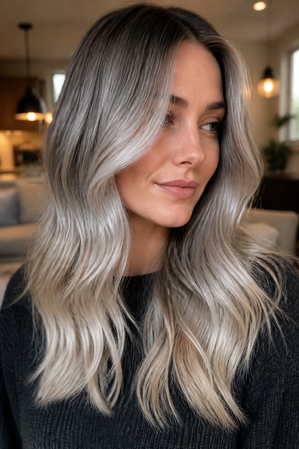 Close-up portrait of a real woman with cool beige ends and silver melt hair