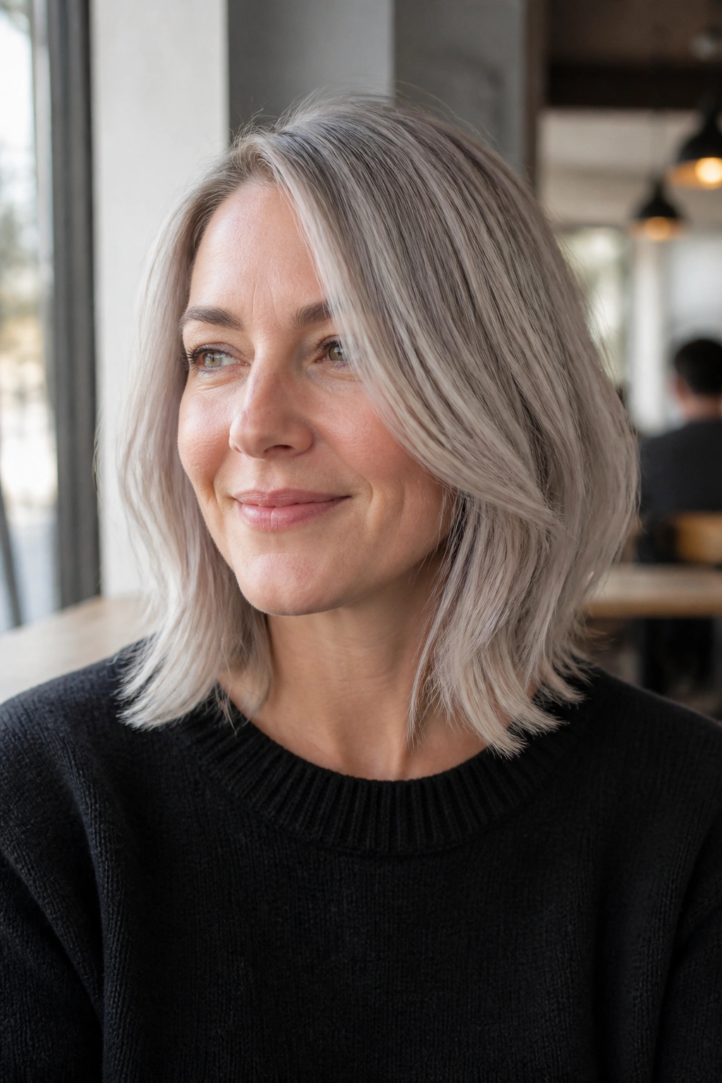 Real woman with cool beige gray lob haircut in a close-up portrait