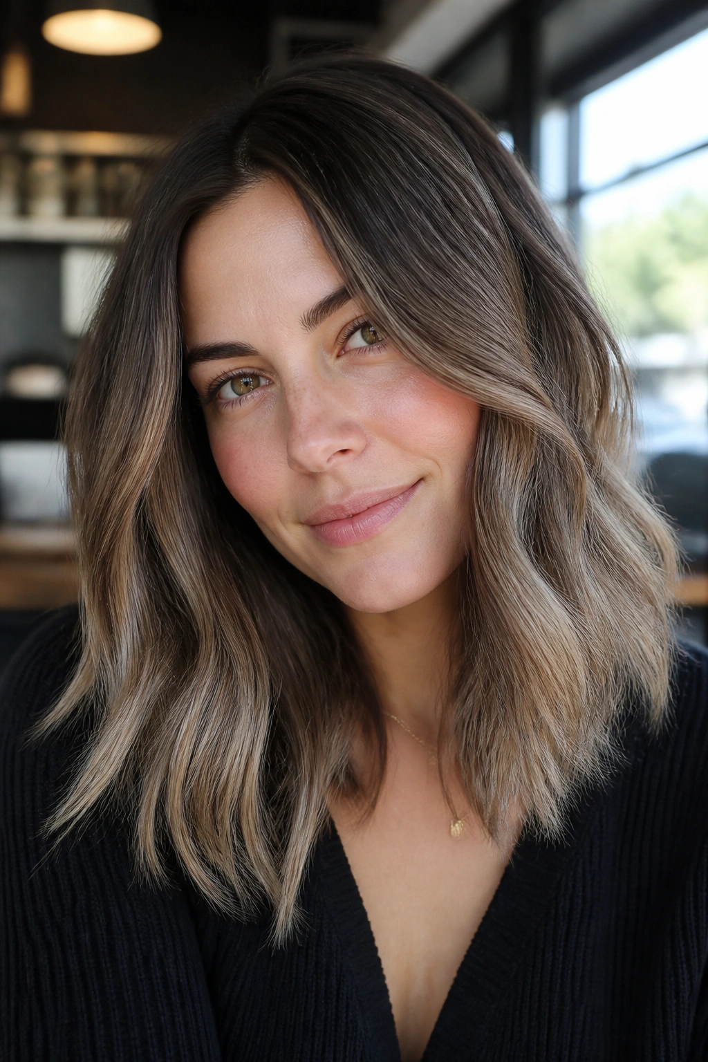 Close-up of a real woman with cool beige mocha balayage on mid-length hair.