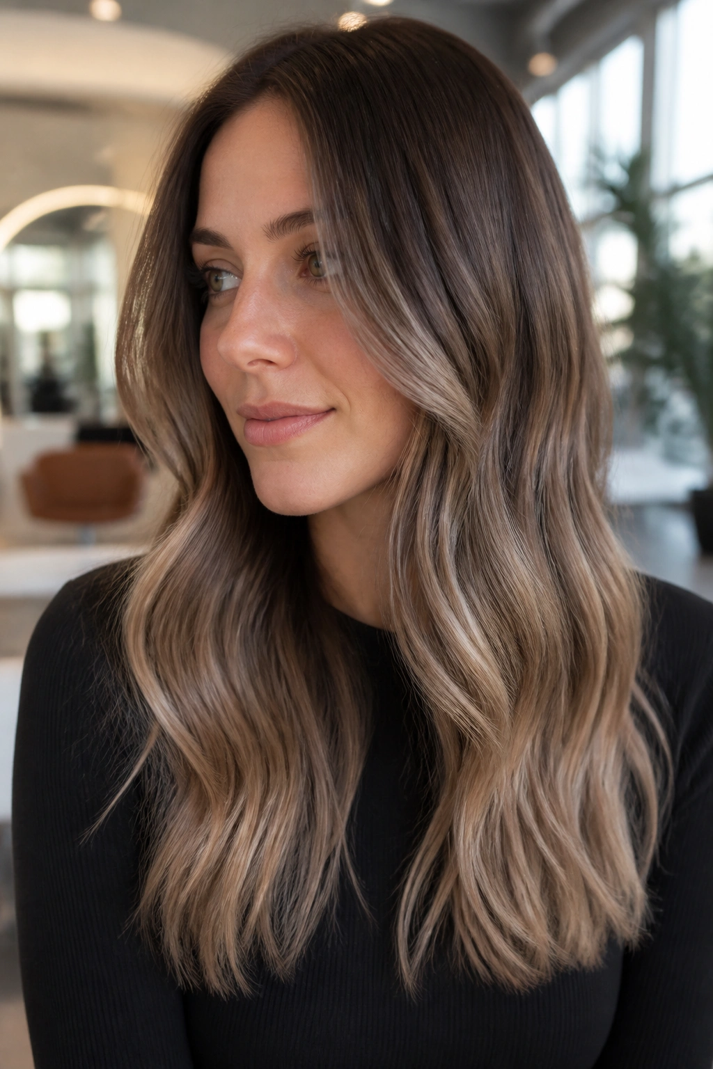 Close-up portrait of a real woman with cool beige mocha melt from root to tip