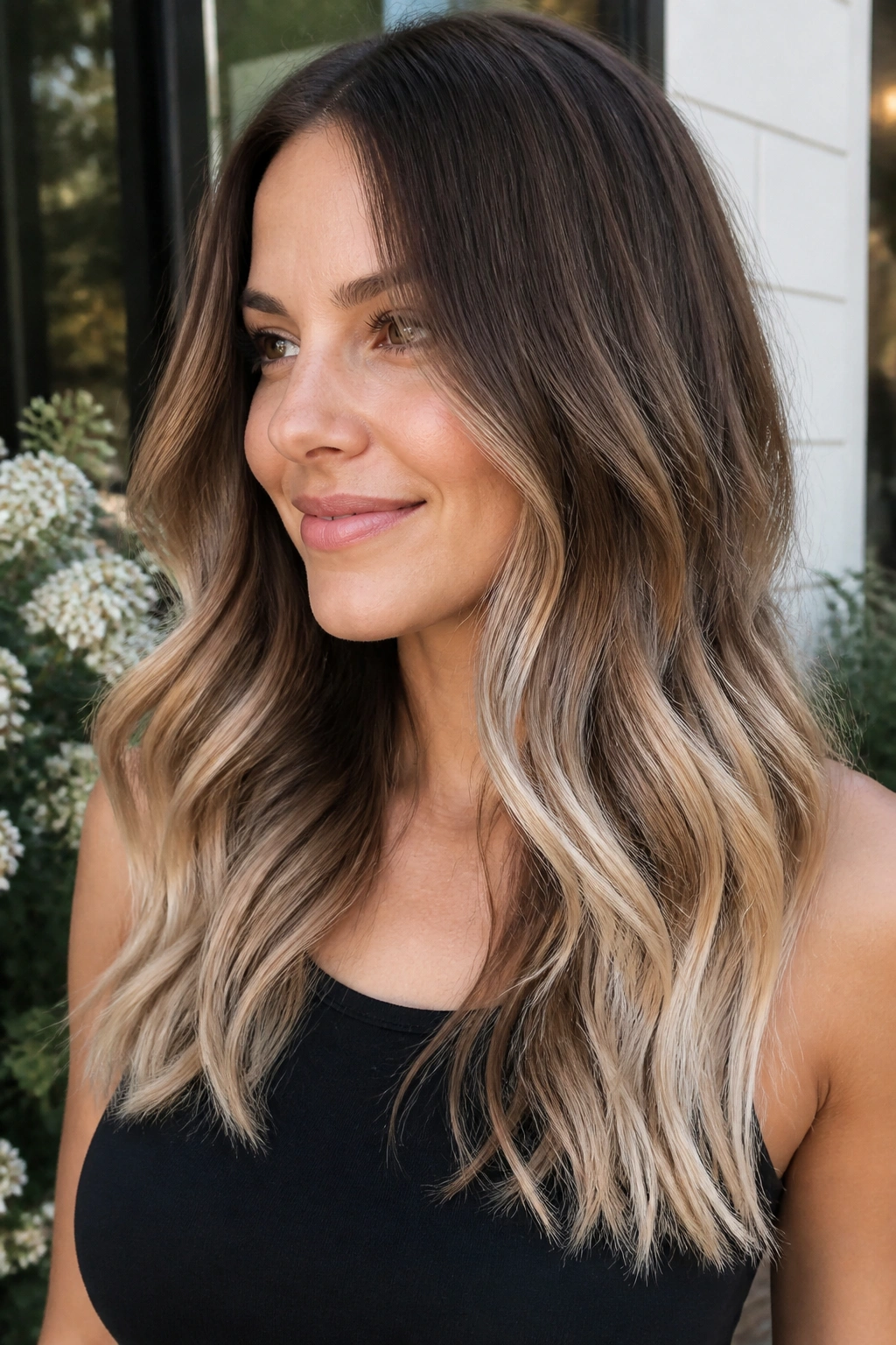 Medium close-up of cool beige ombré on medium brown hair outdoors in daylight