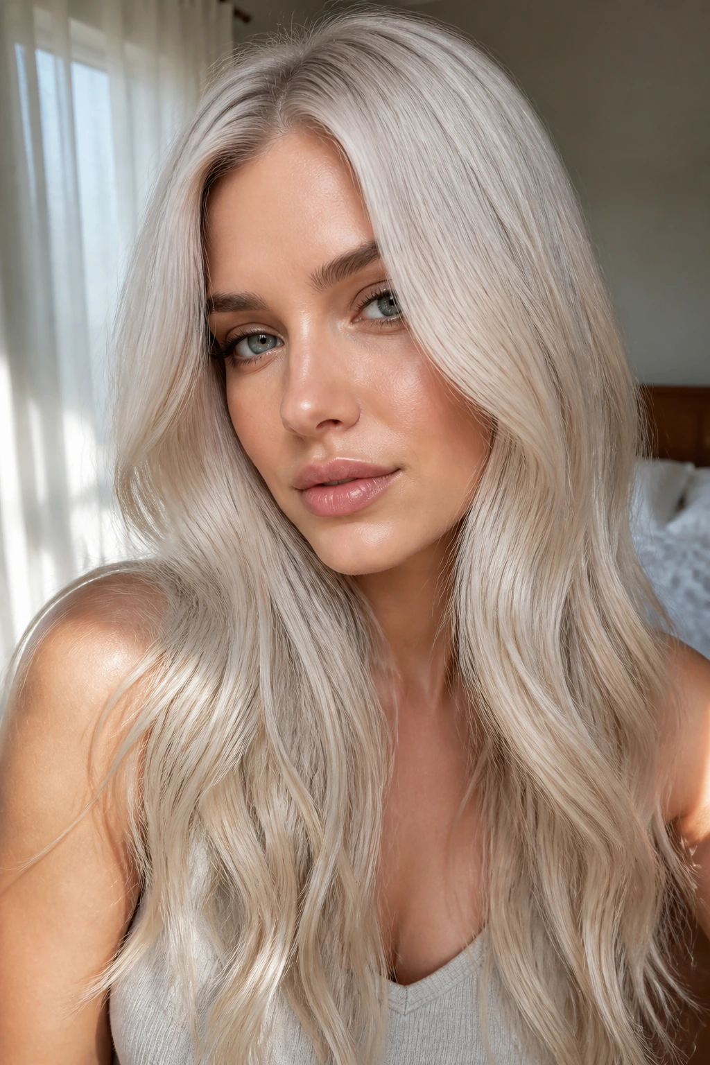 Close-up portrait of a real woman with cool beige platinum hair in soft window light