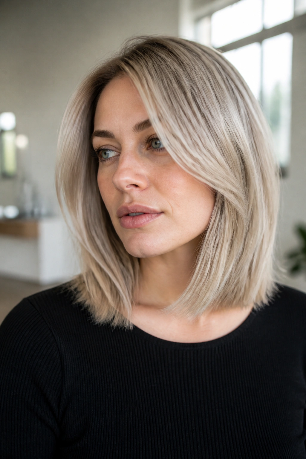 Close-up portrait of a real person with cool beige platinum lob in natural light