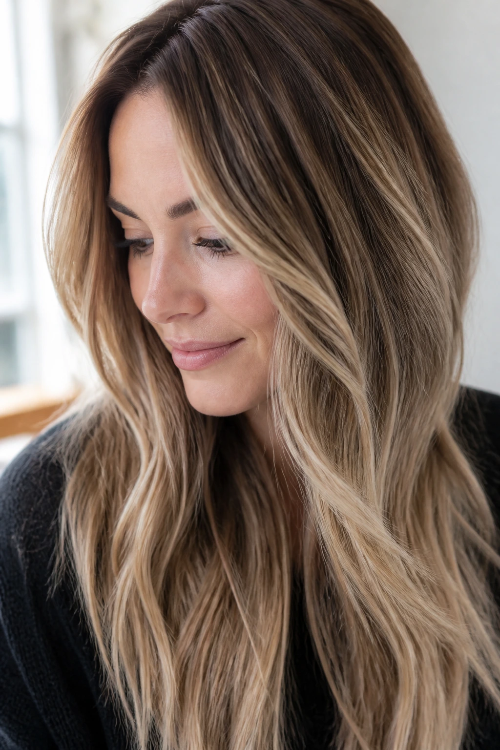 Close-up portrait of a real woman with cool beige honey brown sombre fade.