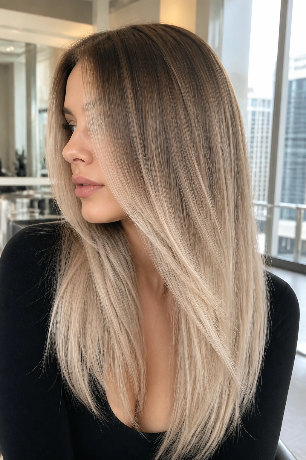 Close-up of a real woman with cool beige spillover blonde on long hair