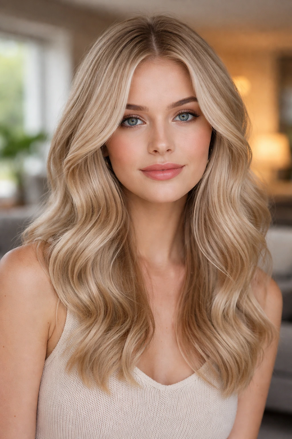 Close-up portrait of a real woman with cool beige vanilla hair and soft waves in daylight