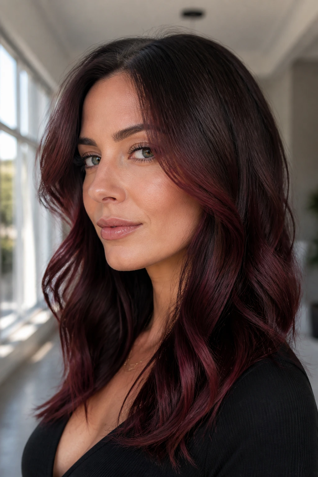 Close-up of a real woman with cool berry brunette and rooted depth