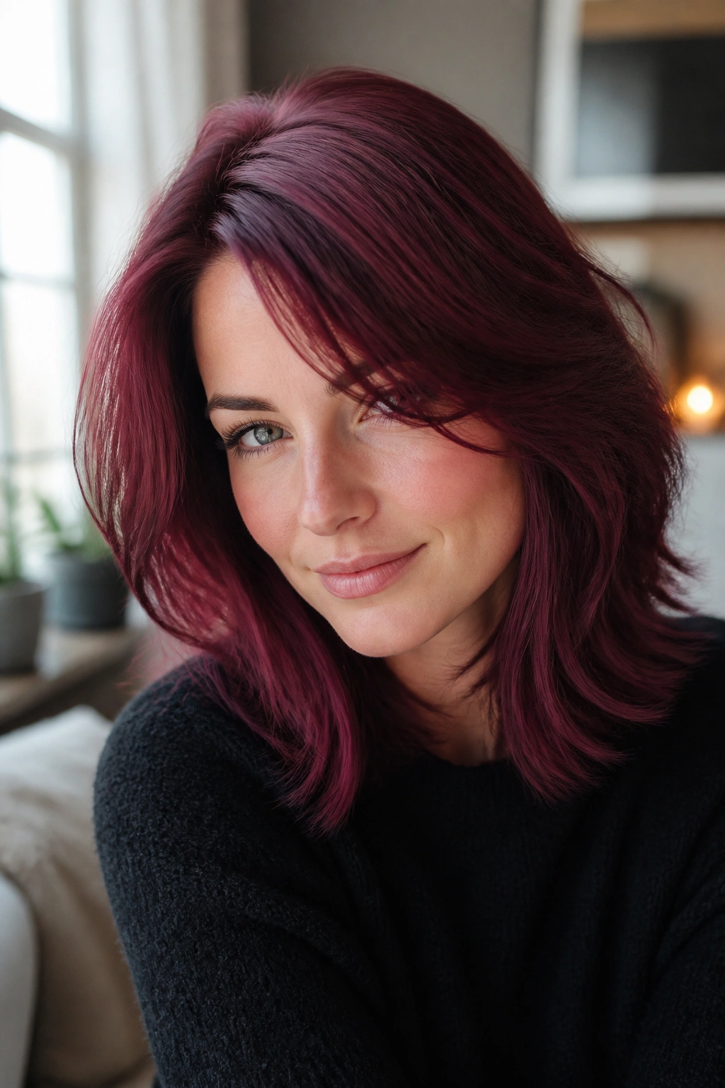 Close-up portrait of a woman with cool berry burgundy hair in shoulder-length layers by a window