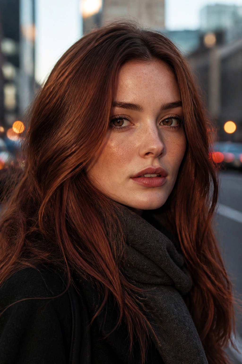 Close-up portrait of a real person with Cool Brick Brown hair showing muted brick-brown with a touch of red
