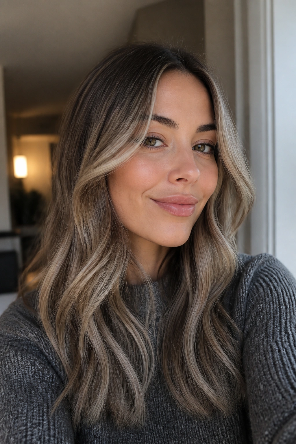 Close-up portrait of a person with cool bronde hair and ash ribbons