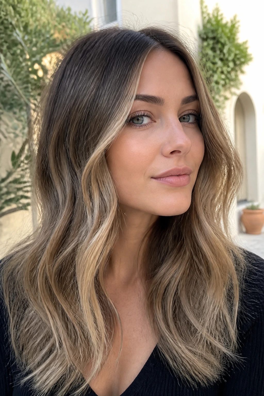 Close-up of a woman with cool bronde hair and beige-ash ends