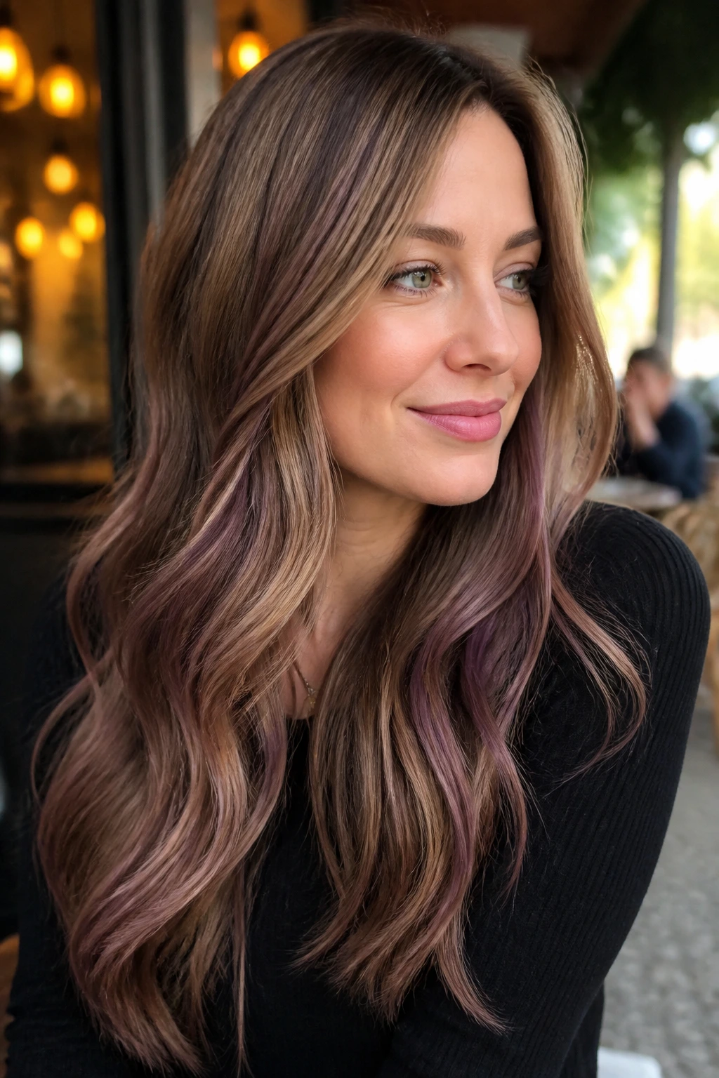 Hair with cool bronde base and purple lowlights visible in a bright street-cafe setting
