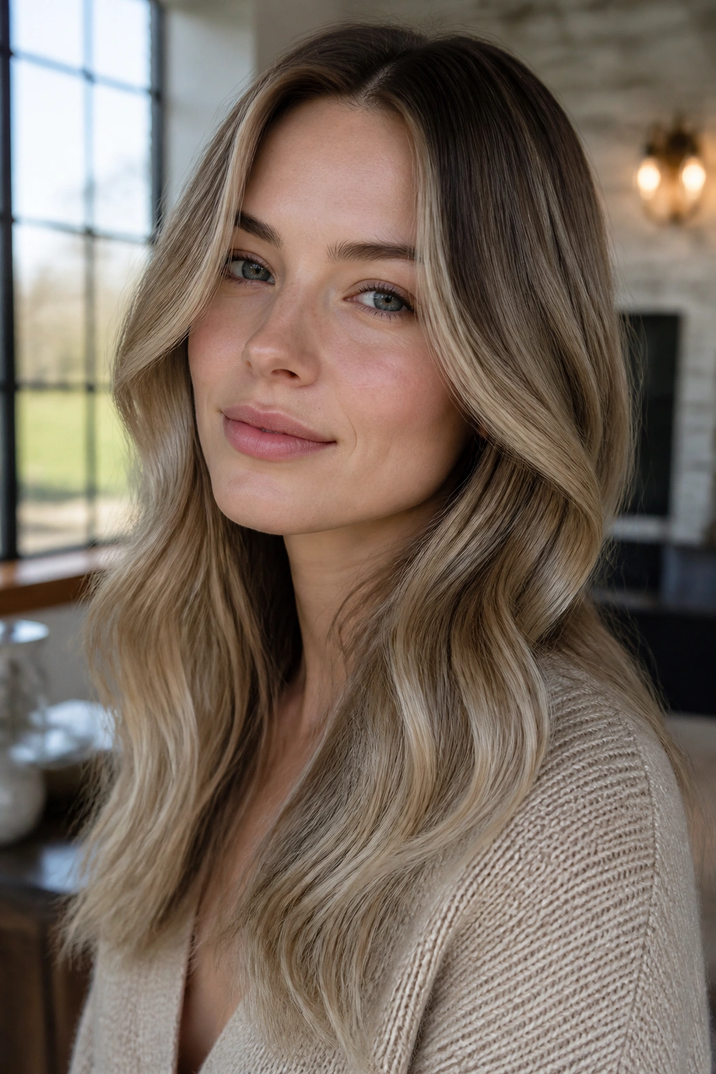 Portrait of a woman with cool bronde sandy blonde hair
