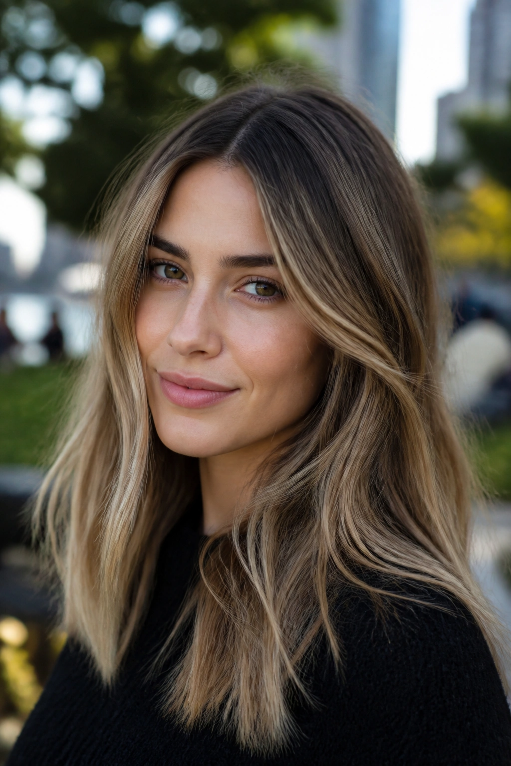 Close-up portrait of a real person with cool bronde hair and sandy ends in an outdoor park.
