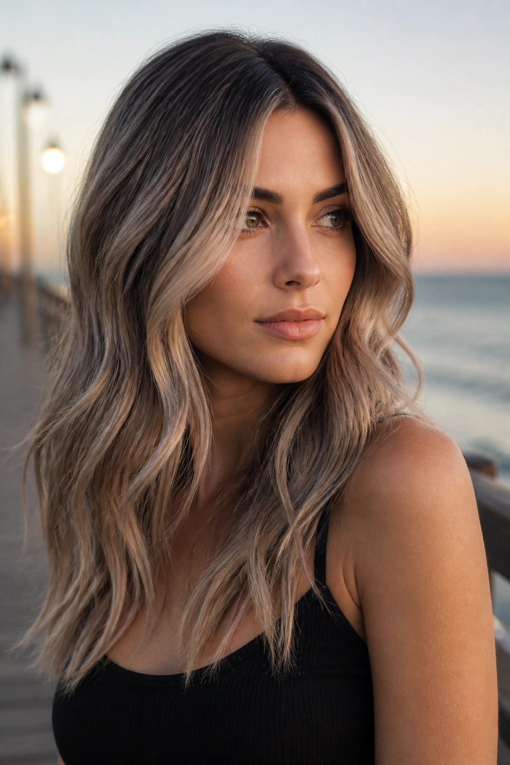 Real woman with cool bronde waves and graphite root melt.