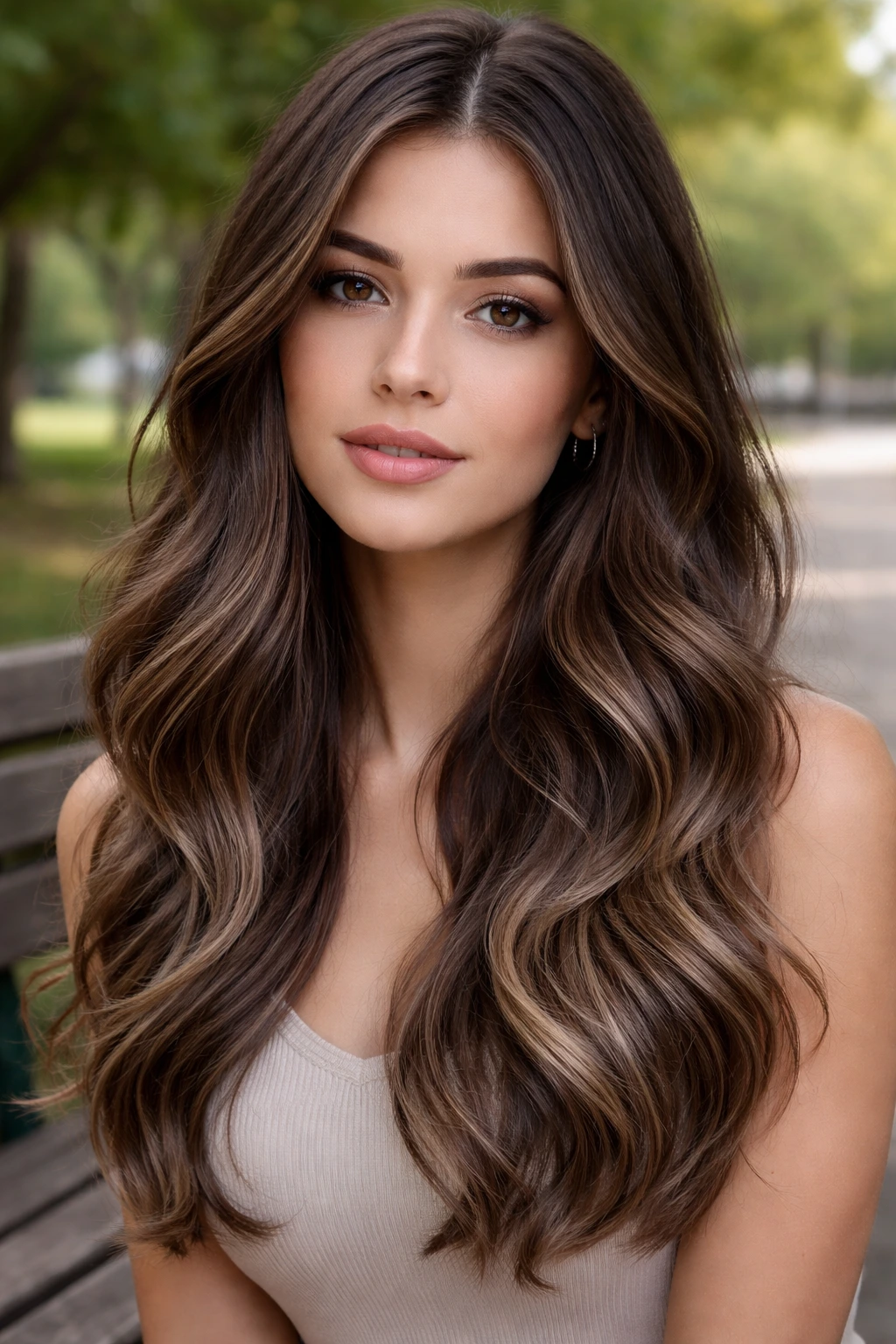 Close-up portrait of a real woman with Cool Brown Balayage hair and cool beige ends.