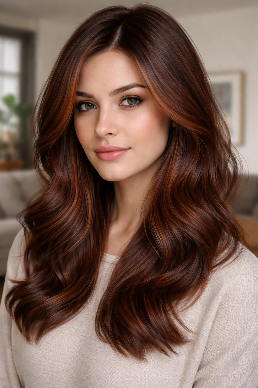 Close-up portrait of a person with cool brown copper hair and lowlights in natural light