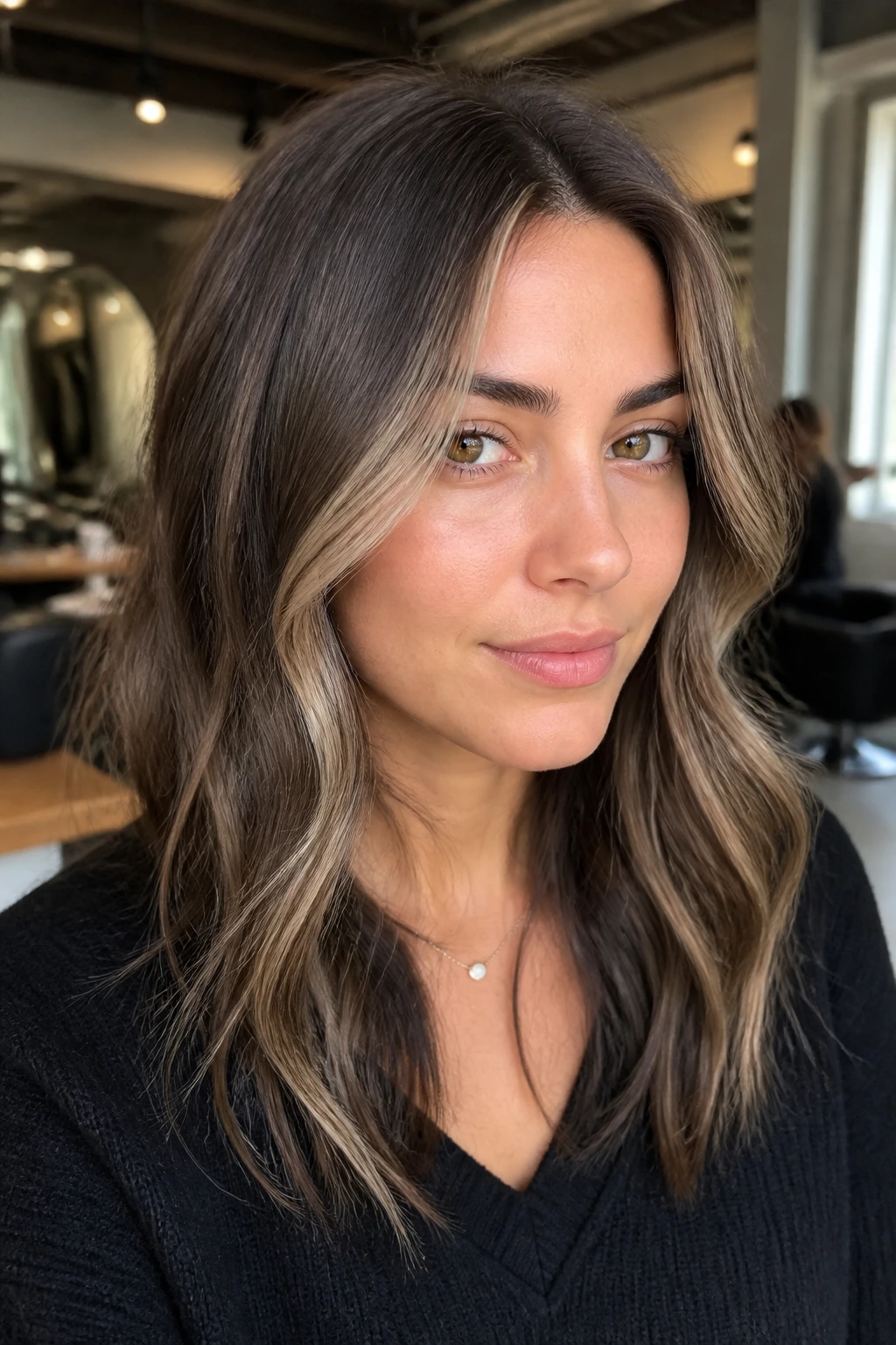 Close-up portrait of a real woman with cool brunette hair and ash-beige face-framing babylights around the temples