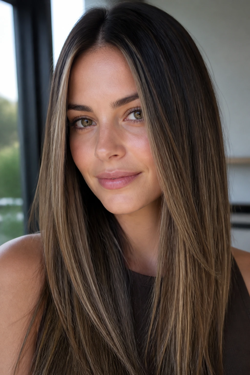 Portrait of a cool-brunette woman with beige caramel threads in straight hair