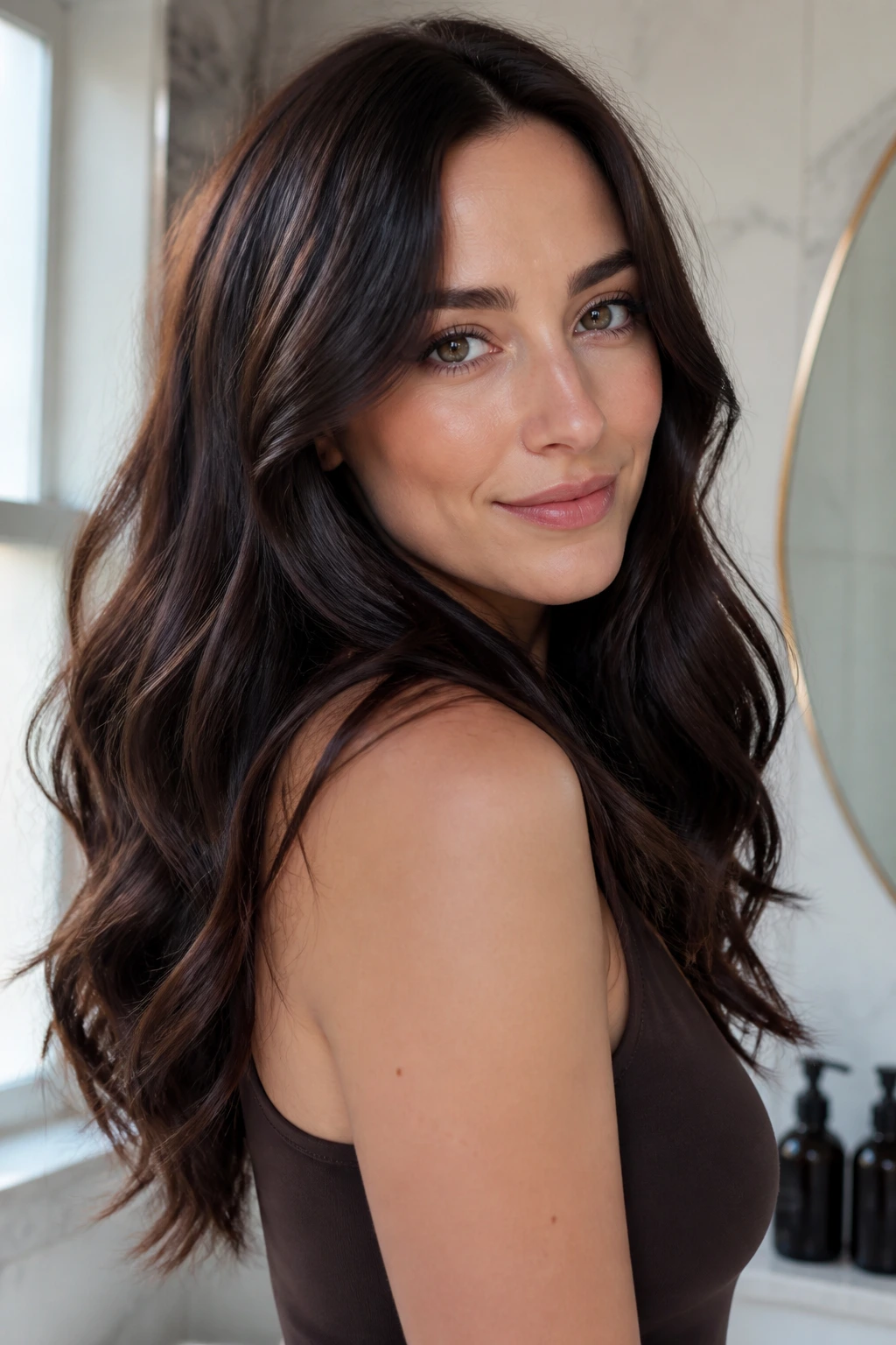 Portrait of a real woman with cool brunette hair in a bathroom setting