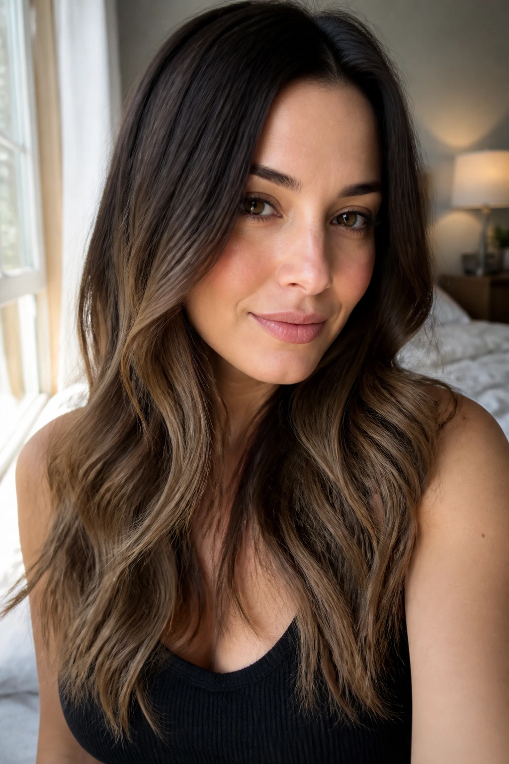 Close-up of a real woman with cool brunette ombré hair and soft waves