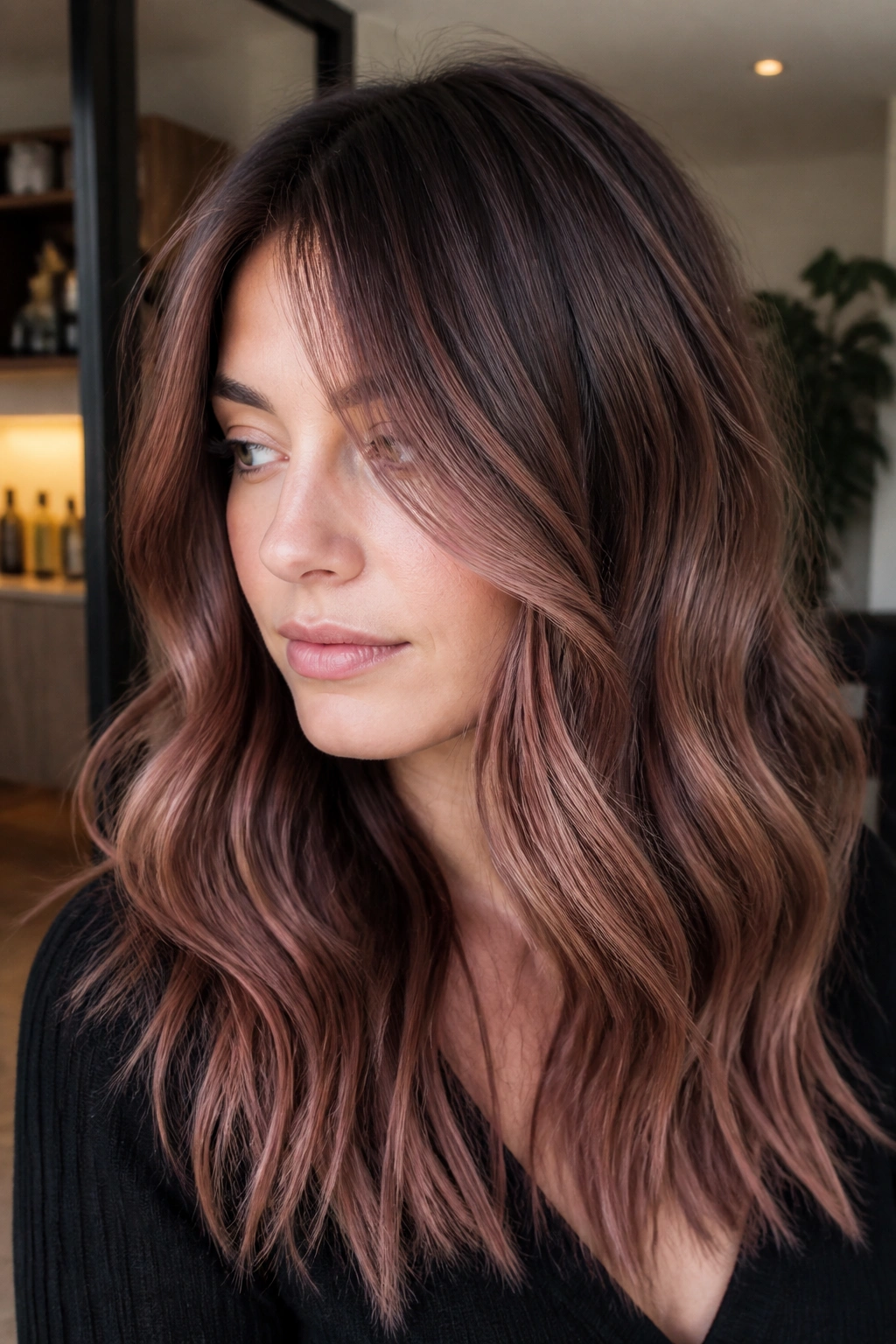 Portrait of a cool brunette with rosier strawberry balayage notes