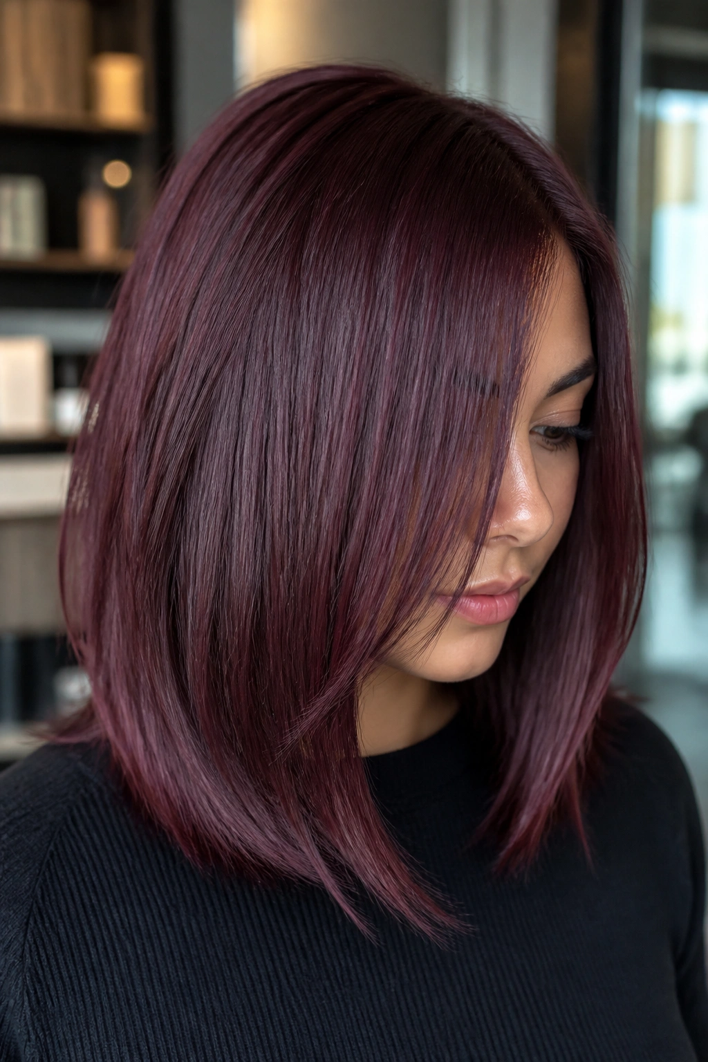 Real woman with cool burgundy and razor-cut ends in an urban interior.