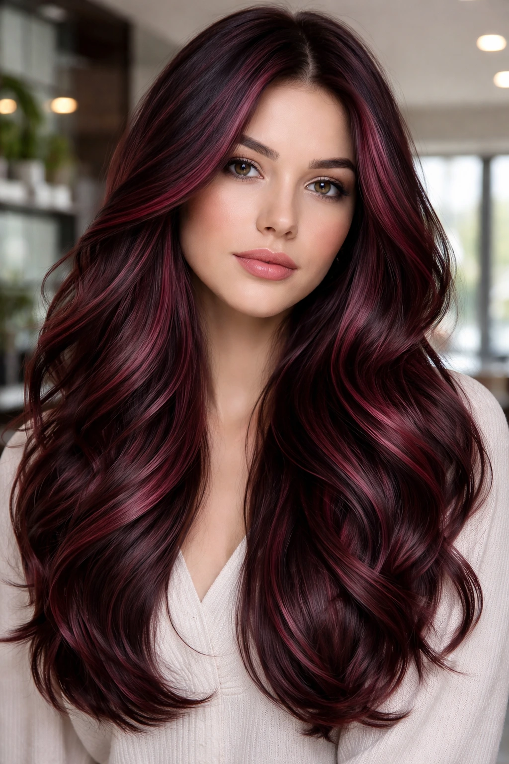 Close-up of a real person with burgundy ribboning hair color