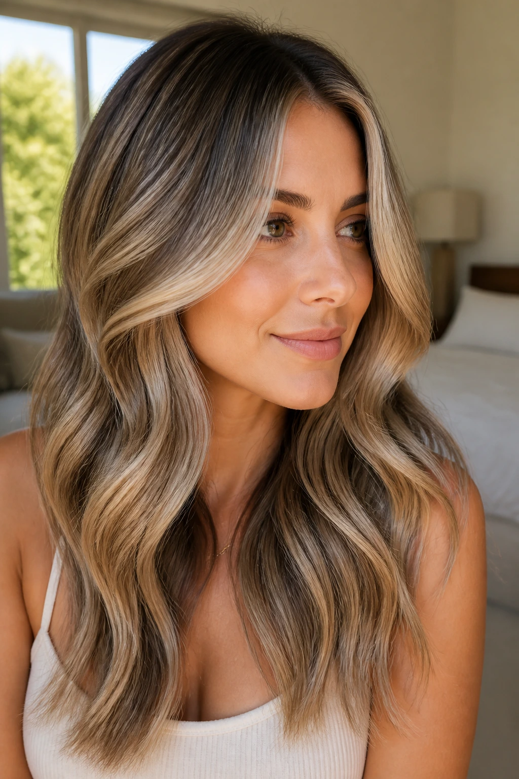 Close-up portrait of a real woman with cool caramel ash hair by a sunlit window.