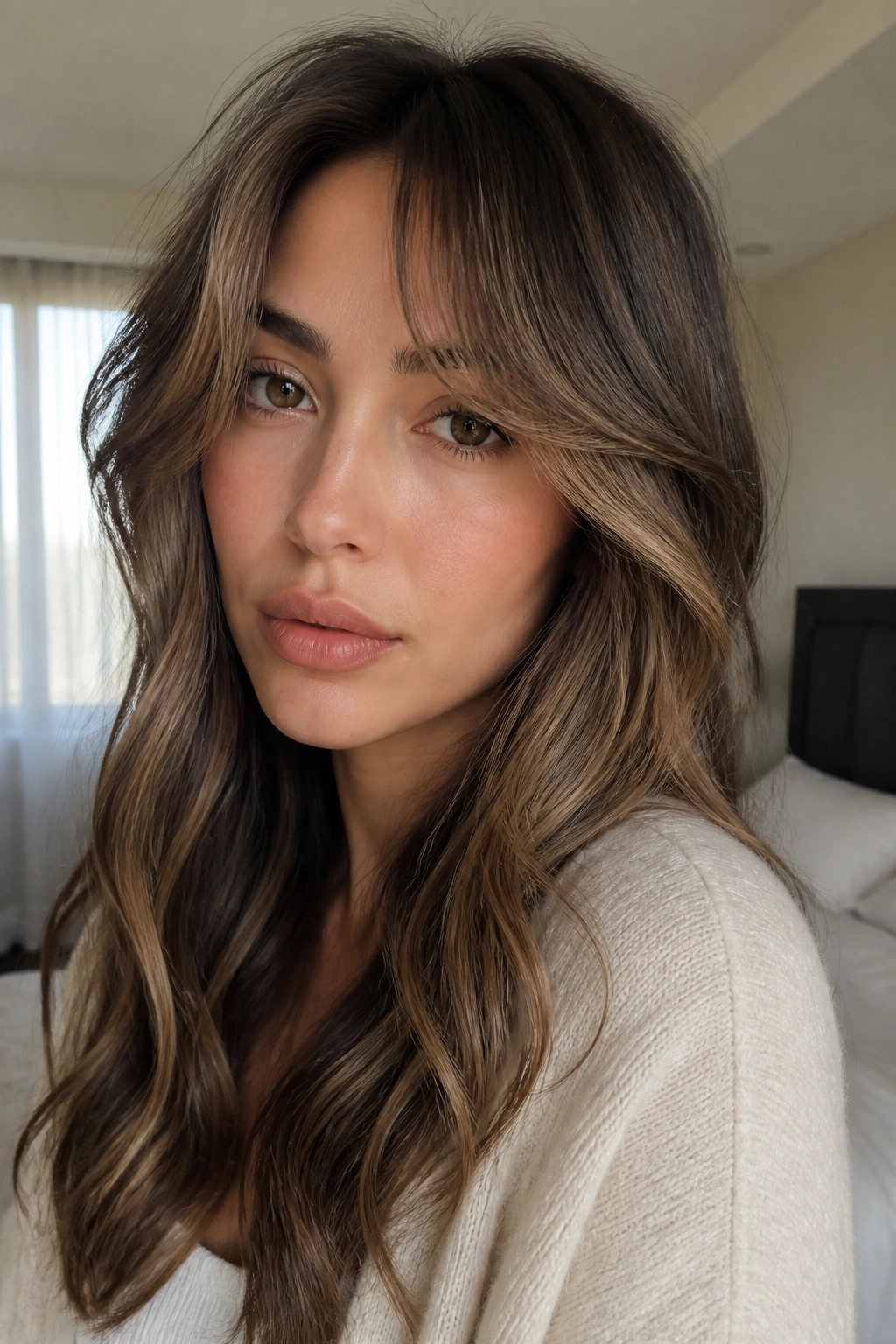 Close-up portrait of a real woman with cool caramel curtain bangs framing the face