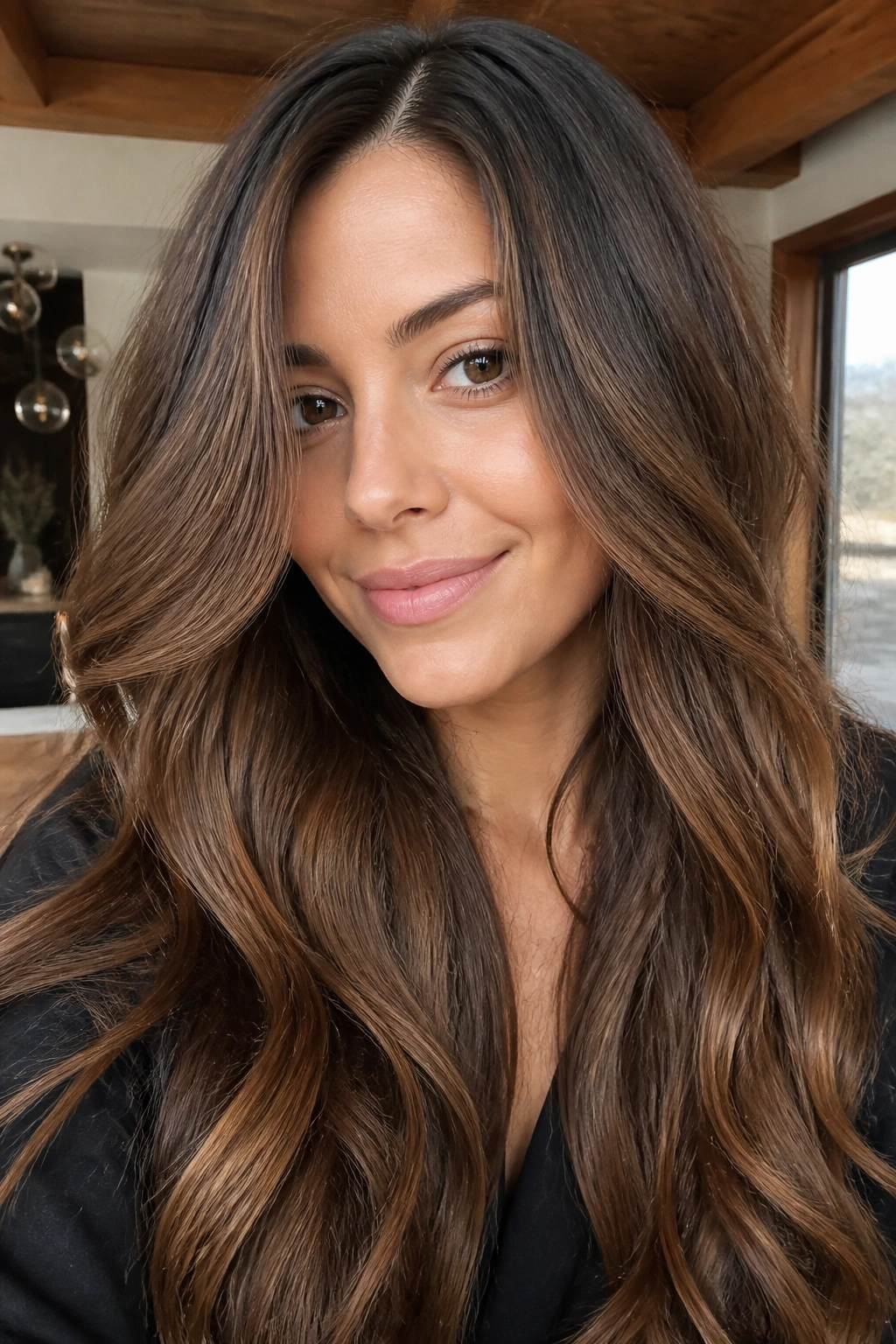 Close-up of a real person with cool caramel gloss on brown hair