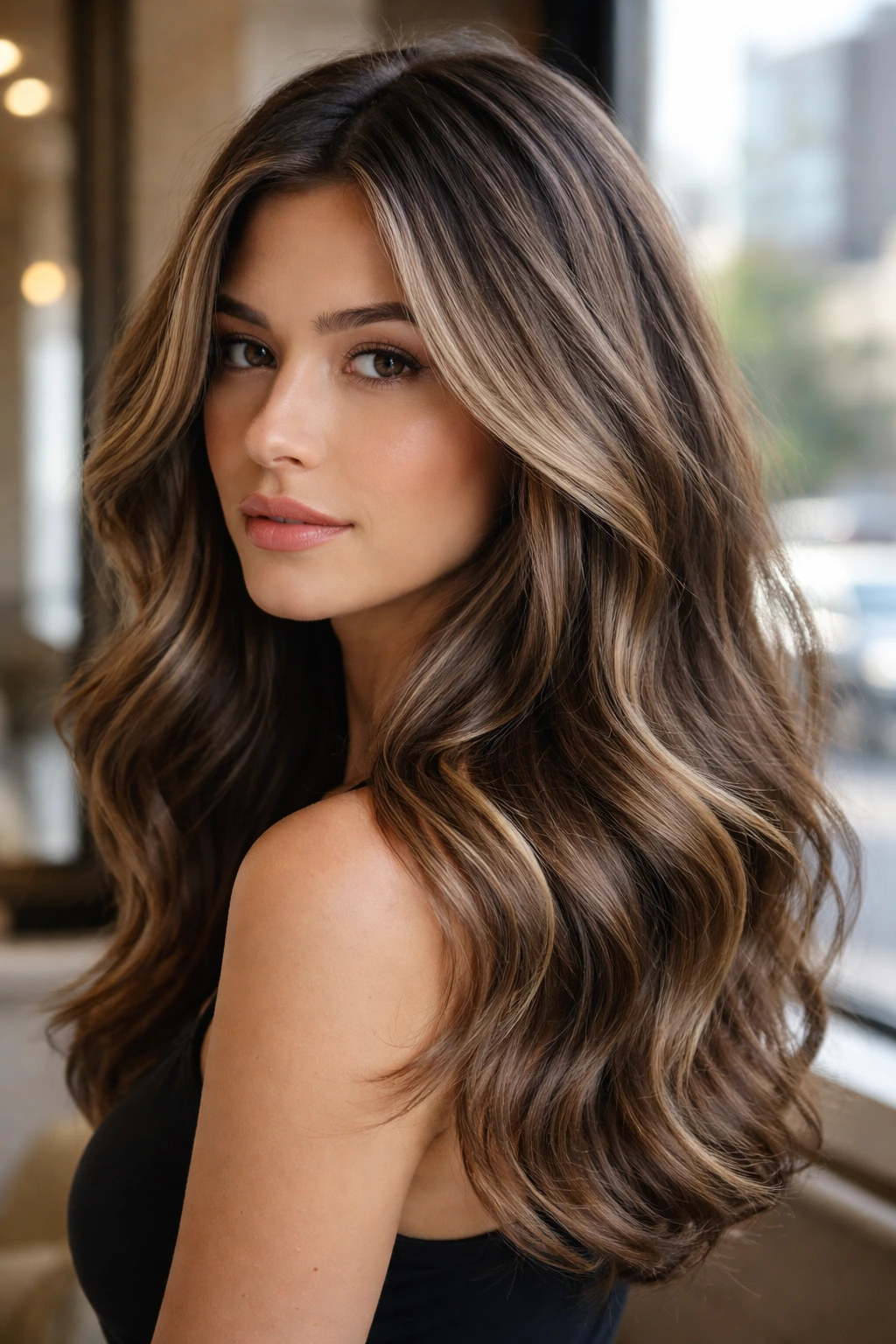 Close-up of a real person showing ash caramel highlights in cool brown hair