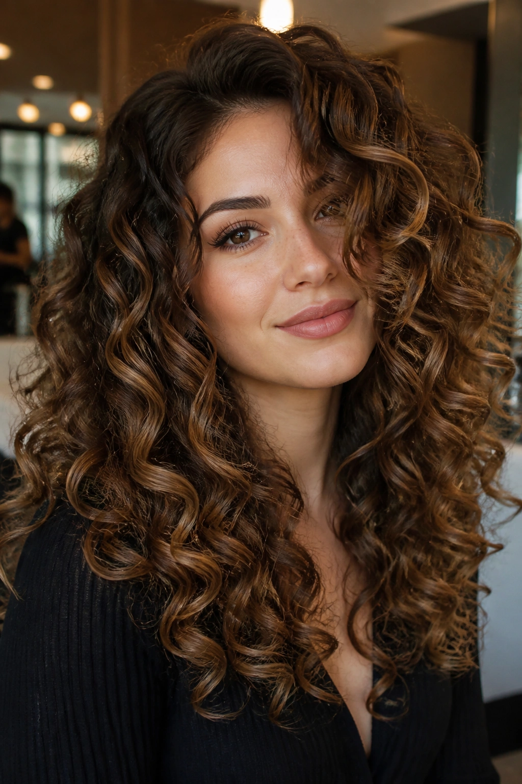 Close-up portrait of curly brown hair with cool caramel melt woven through curls