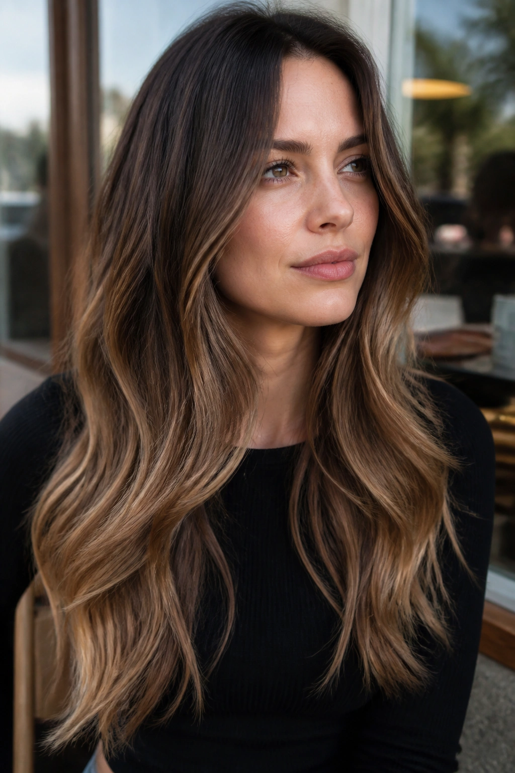 Close-up of a woman with cool caramel ombré hair