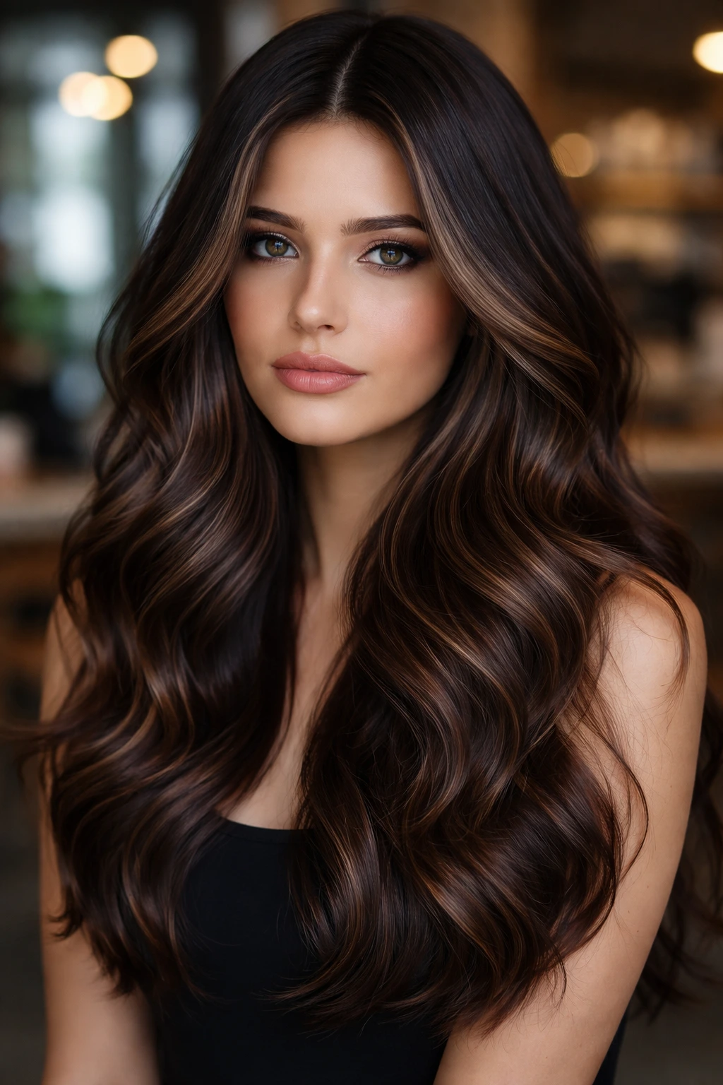Portrait of person with cool caramel ribbon highlights in dark chocolate hair