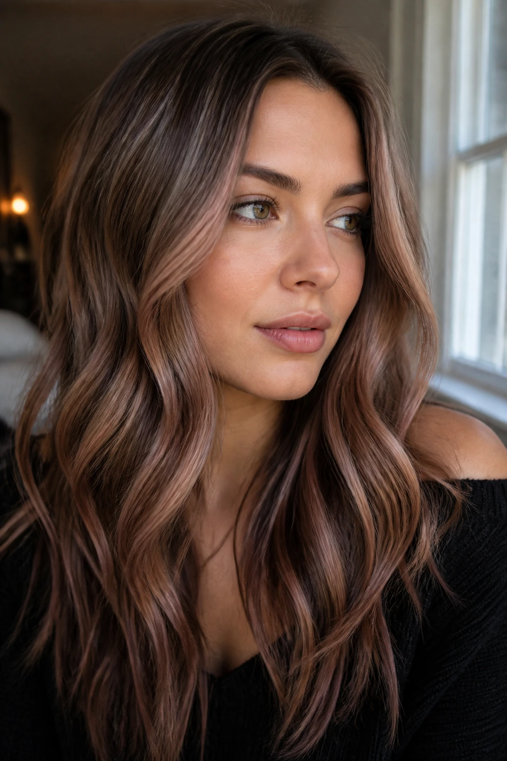 Portrait of brunette with cool caramel ribbons framing the face