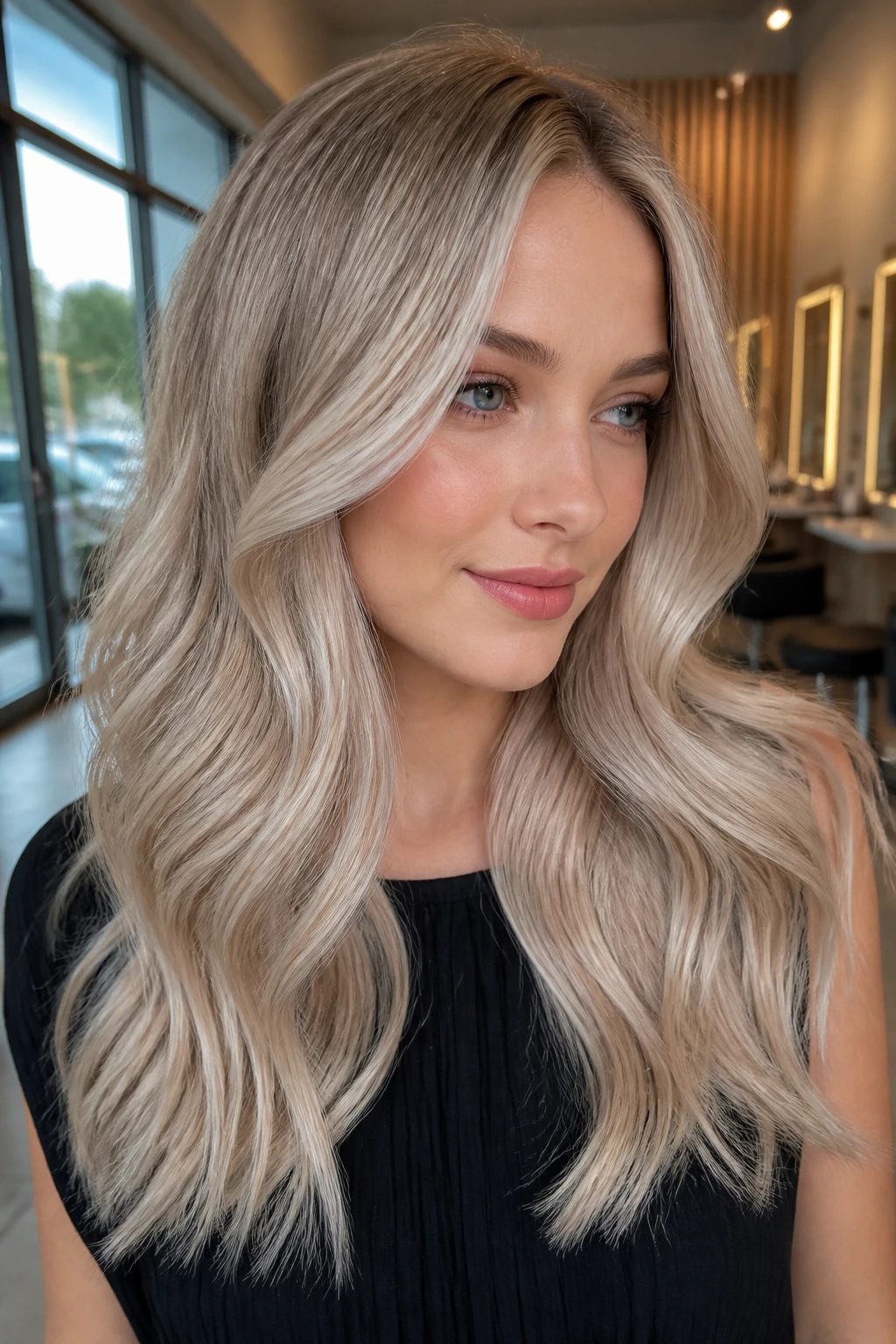 Close-up portrait of a real woman with cool champagne ash blonde hair in a bright salon.