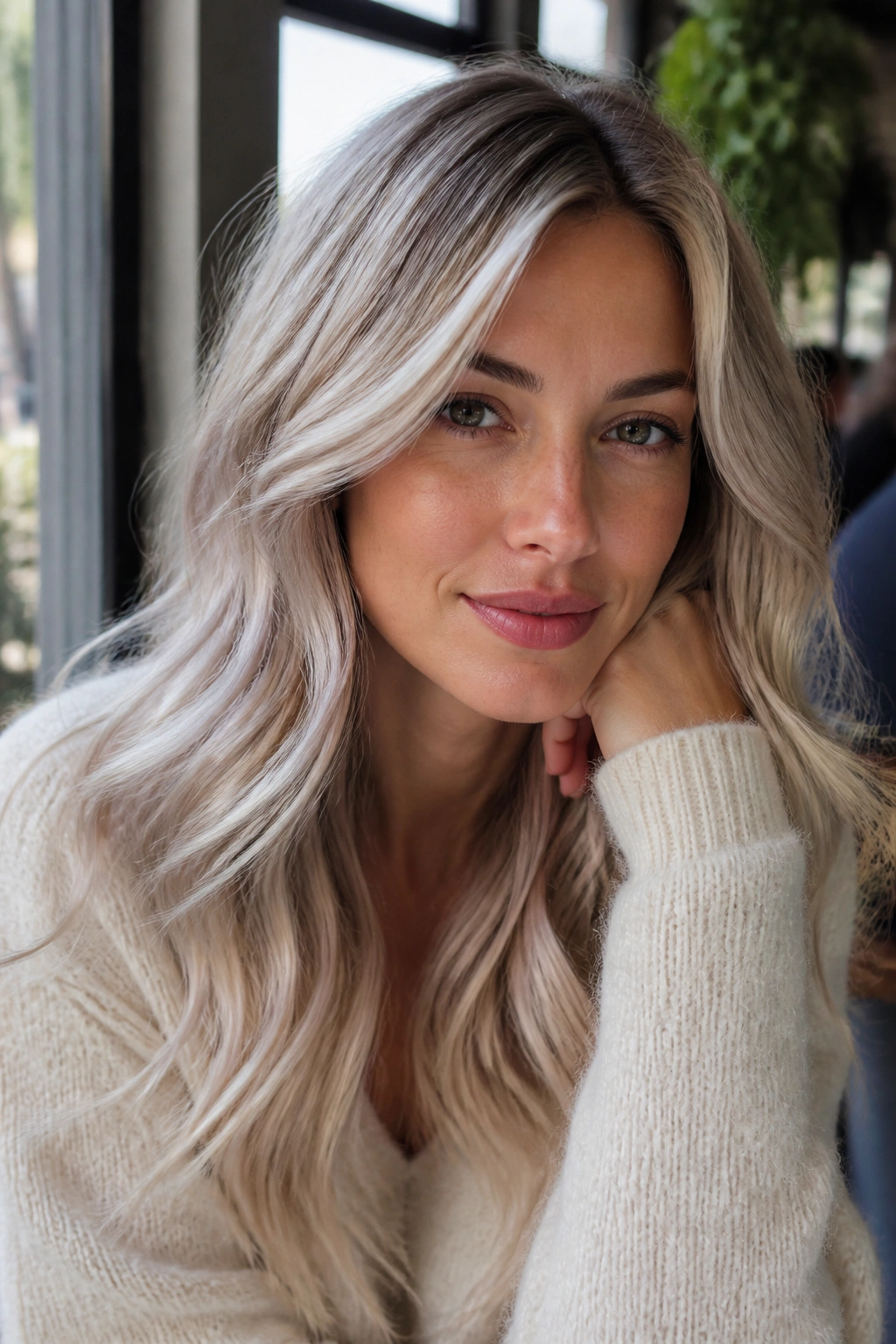 Close-up portrait of a real woman with cool champagne blonde hair in pearl-ash-beige tones
