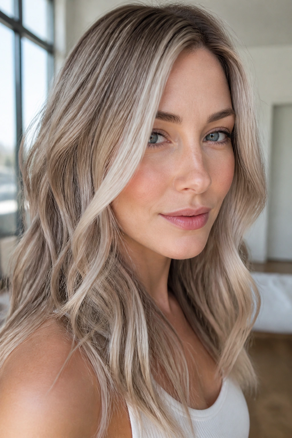 Close-up of cool champagne bronde hair on a real person