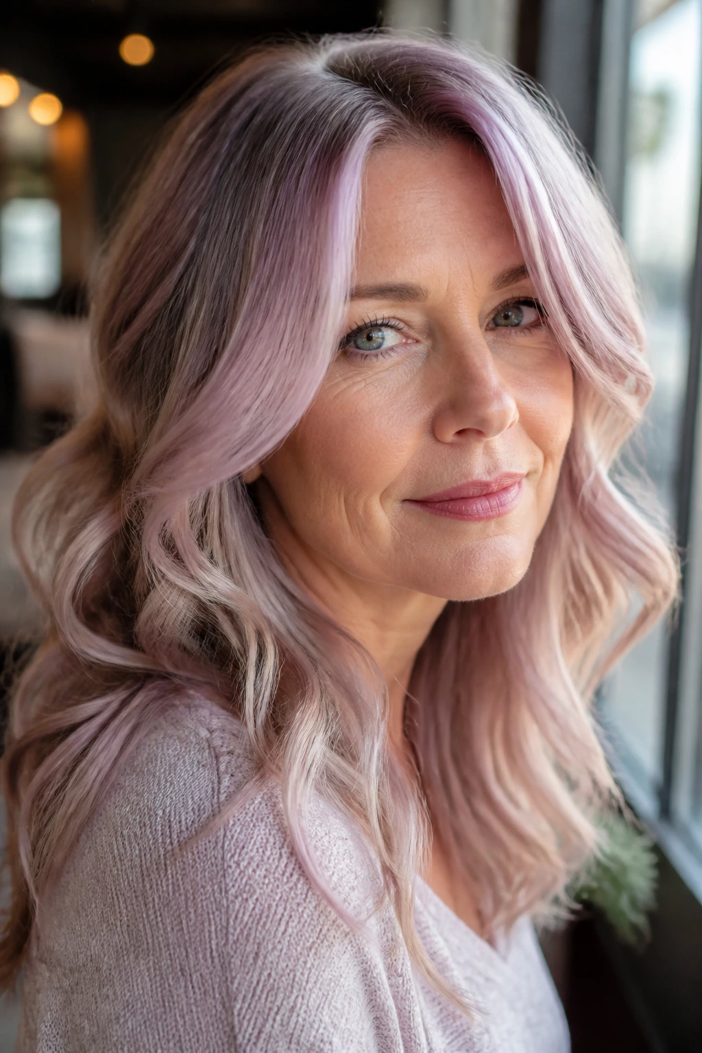 Close-up of a real woman with cool champagne base and lilac highlights in soft daylight