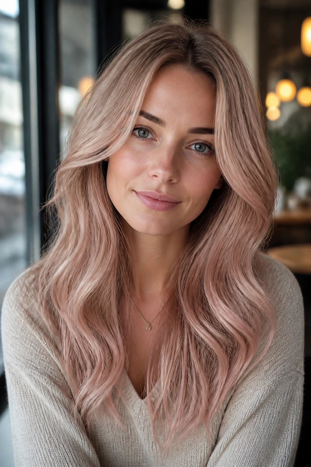 Close-up portrait of a real woman with cool champagne rose hair by a window