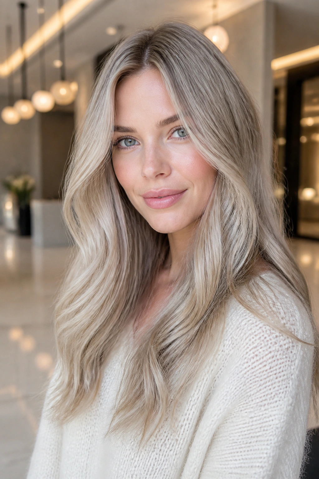 Close-up portrait of a real woman with cool champagne sand hair and a polished glow