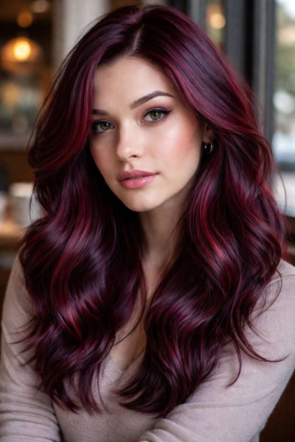 Close-up portrait of a real woman with cool cherry cola hair color