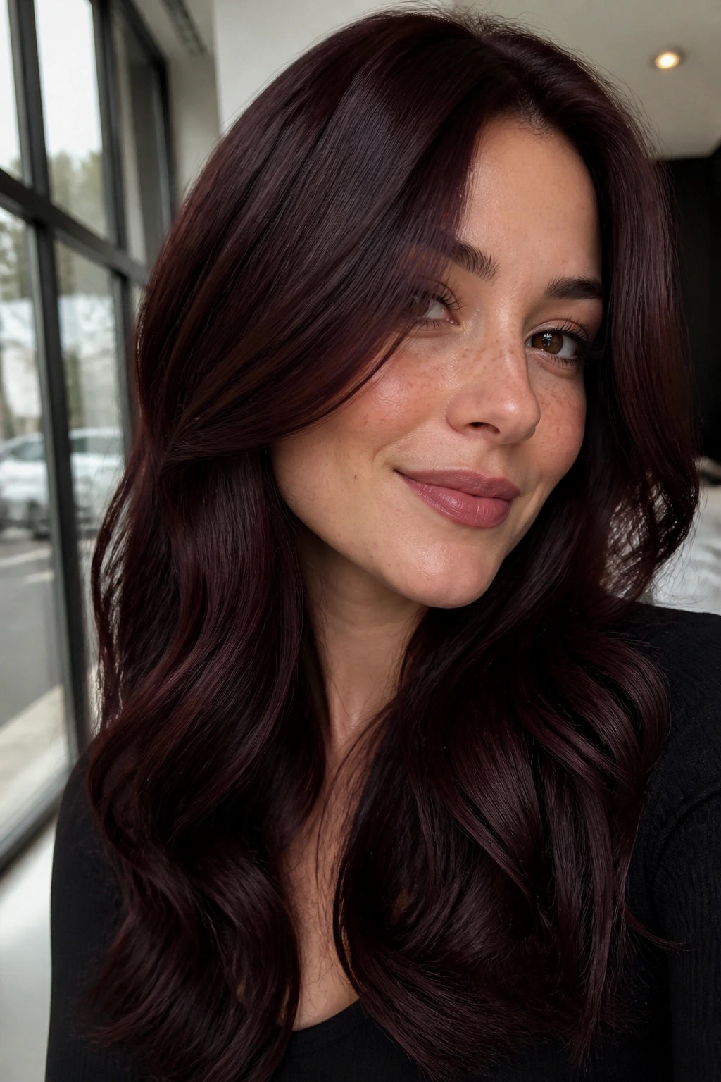 Close-up portrait of a person with cool cherry cola hair in a modern interior