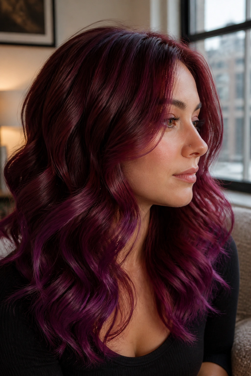 Close-up of a real person with cool cherry melt hair color, showing smooth gradient from root to ends.
