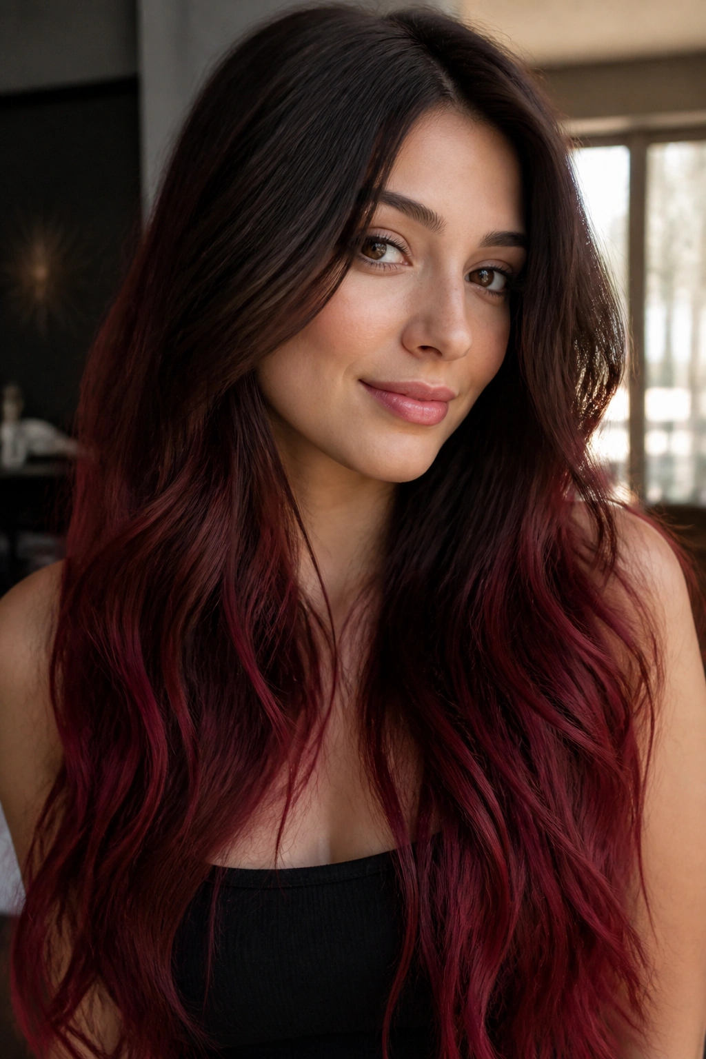 Close-up of a woman with long hair featuring dark roots fading to cherry ends in a cool cherry ombré