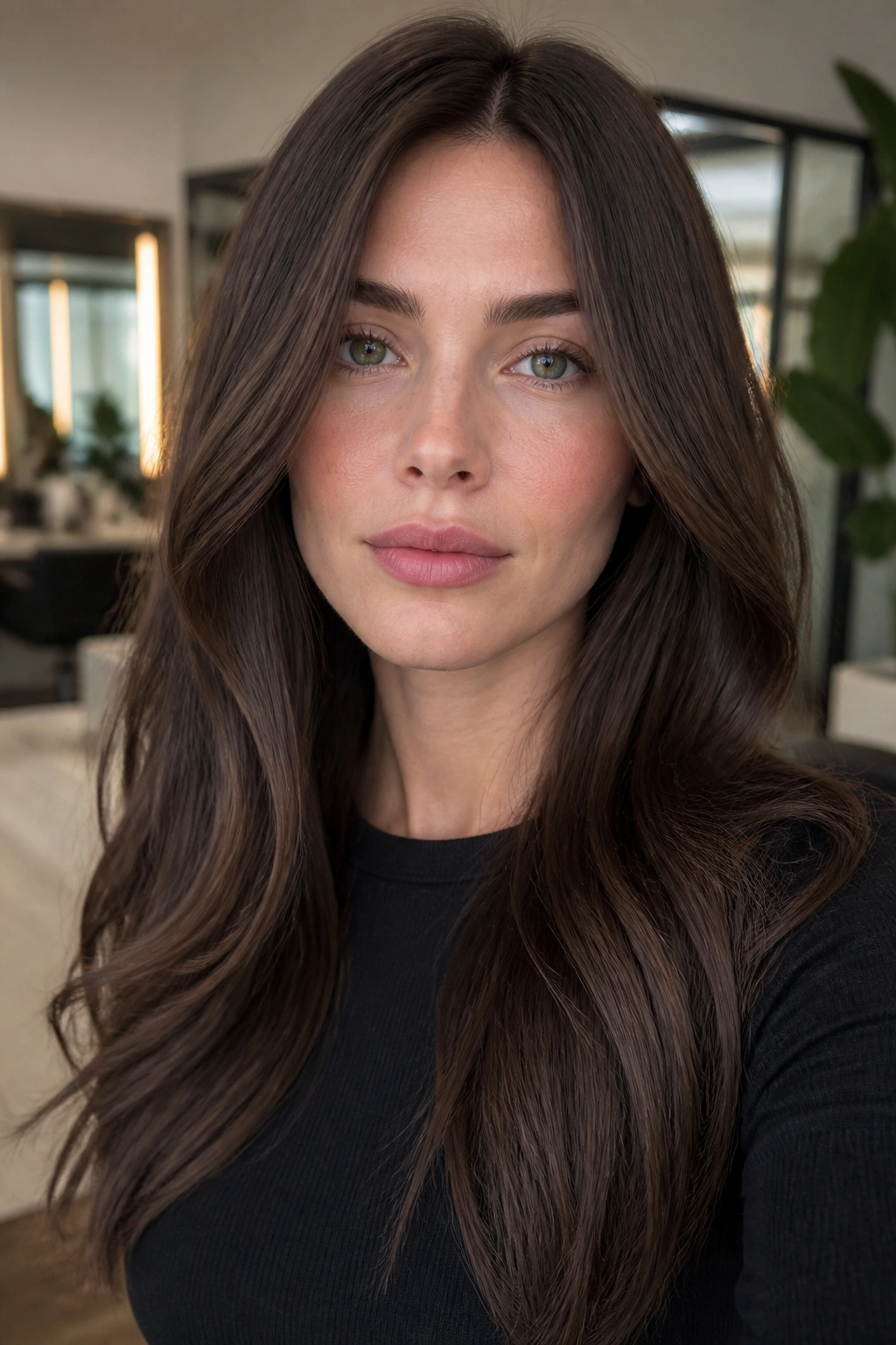 Close-up of a woman with cool chestnut brown hair and ash gloss