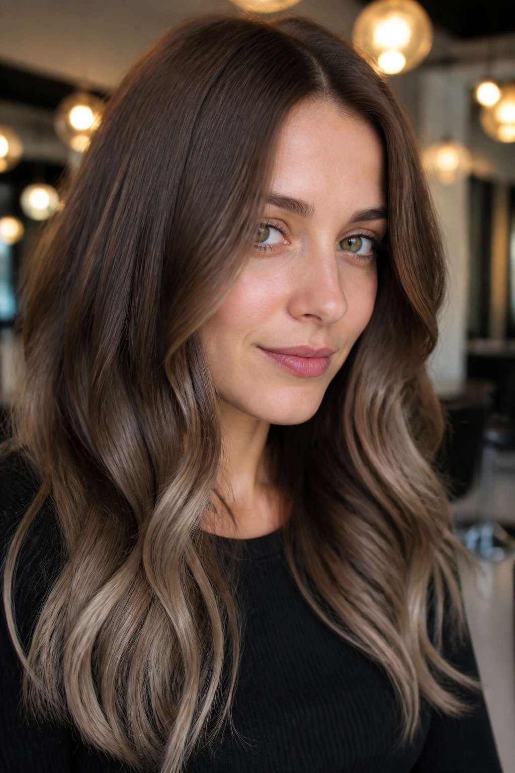 Portrait of a woman with chestnut brown hair fading to ash ends
