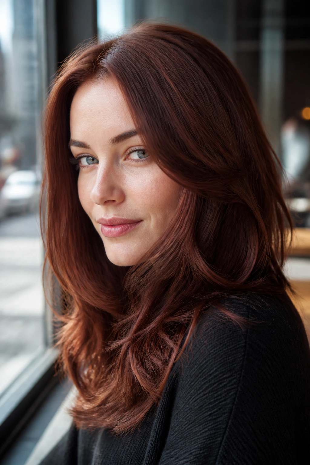Close-up portrait of a person with cool chestnut auburn hair in a cafe setting