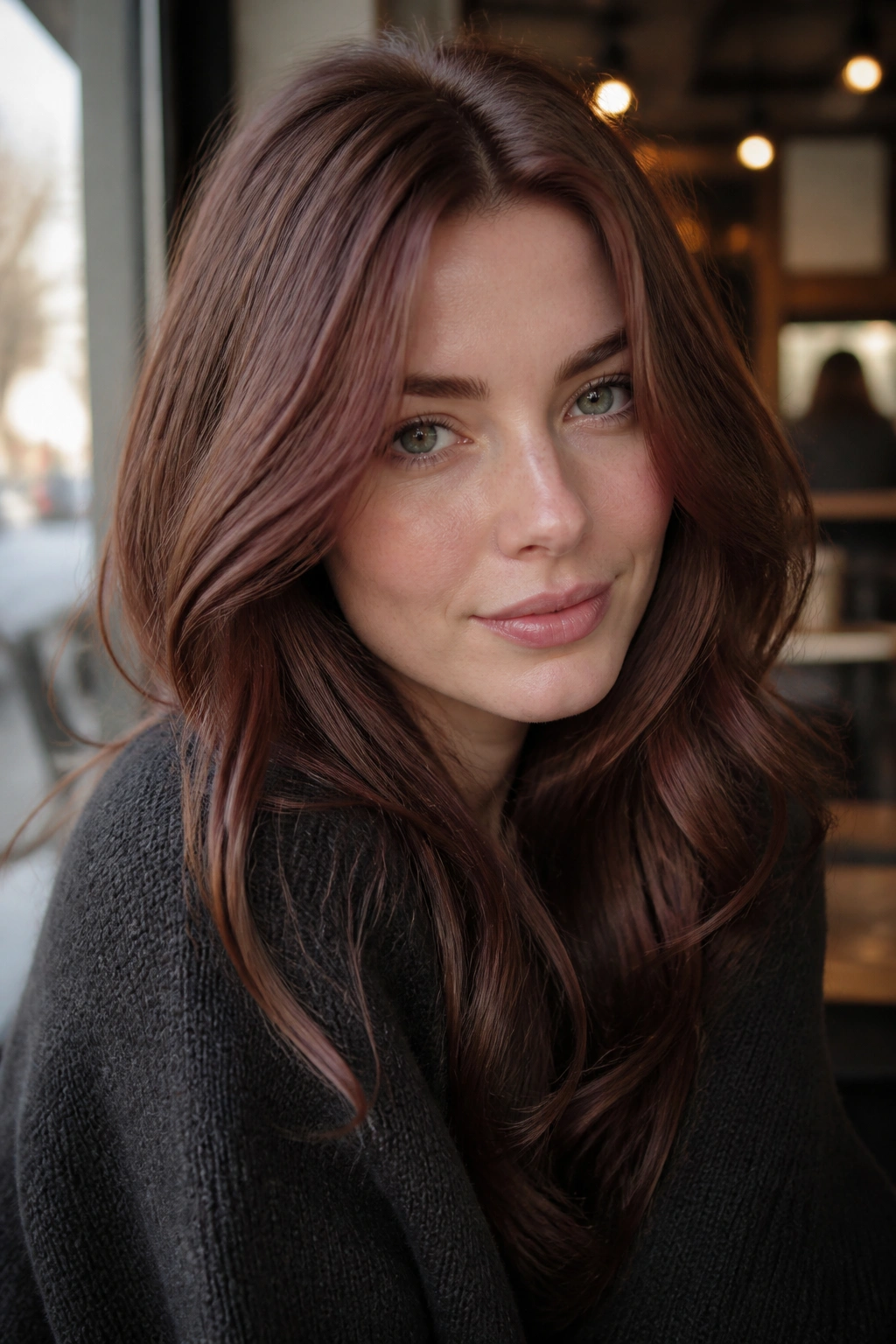 Close-up of a woman with cool chestnut auburn hair and pink undertones